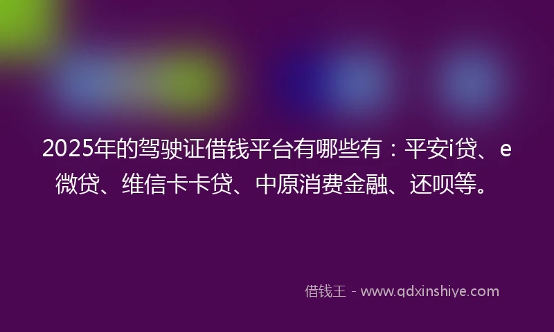 2025年的驾驶证借钱平台有哪些有：平安i贷、e微贷、维信卡卡贷、中原消费金融、还呗等。