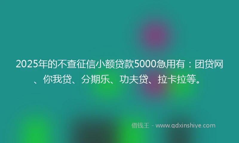 2025年的不查征信小额贷款5000急用有：团贷网、你我贷、分期乐、功夫贷、拉卡拉等。