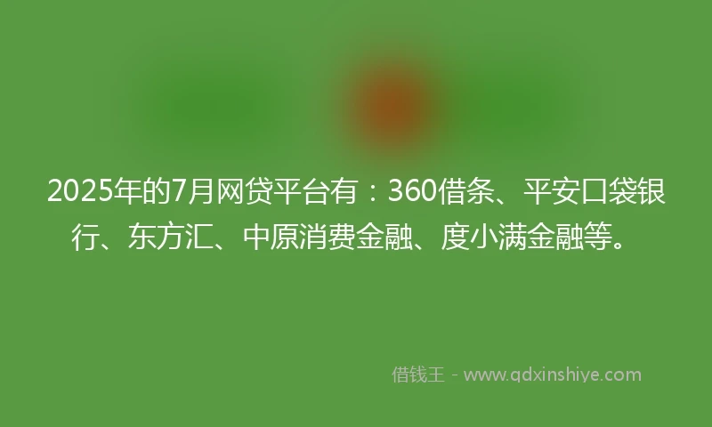 2025年的7月网贷平台有：360借条、平安口袋银行、东方汇、中原消费金融、度小满金融等。