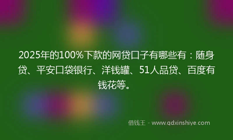 2025年的100%下款的网贷口子有哪些有：随身贷、平安口袋银行、洋钱罐、51人品贷、百度有钱花等。