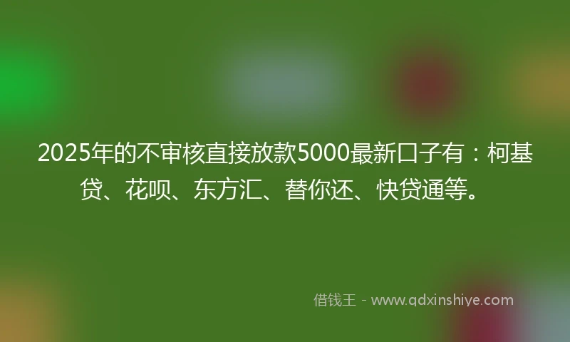 2025年的不审核直接放款5000最新口子有：柯基贷、花呗、东方汇、替你还、快贷通等。