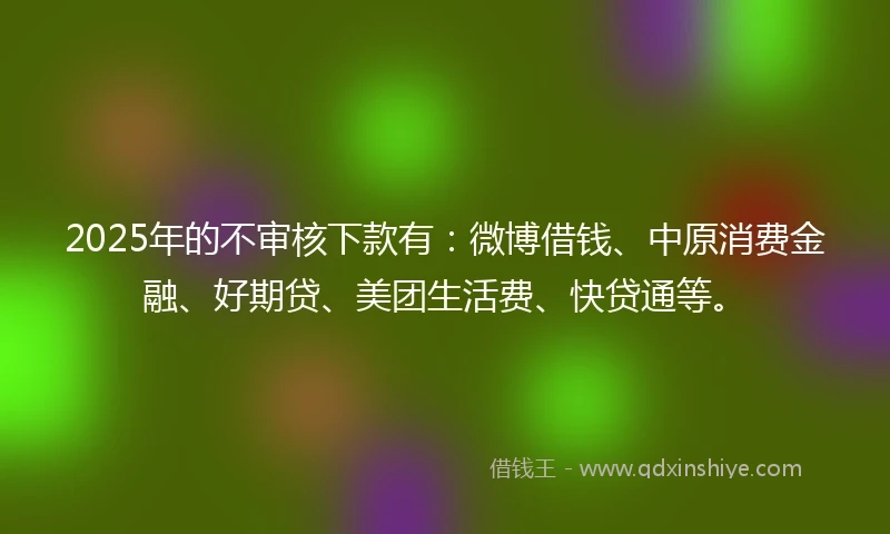 2025年的不审核下款有:微博借钱、中原消费金融、好期贷、美团生活费、快贷通等。