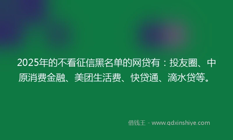 2025年的不看征信黑名单的网贷有：投友圈、中原消费金融、美团生活费、快贷通、滴水贷等。