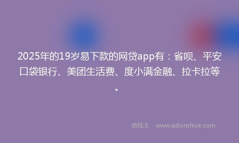 2025年的19岁易下款的网贷app有：省呗、平安口袋银行、美团生活费、度小满金融、拉卡拉等。