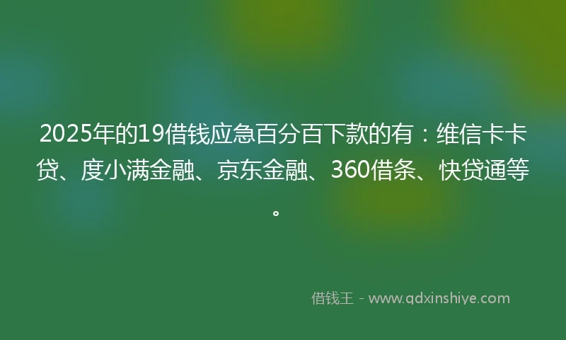 2025年的19借钱应急百分百下款的有：维信卡卡贷、度小满金融、京东金融、360借条、快贷通等。