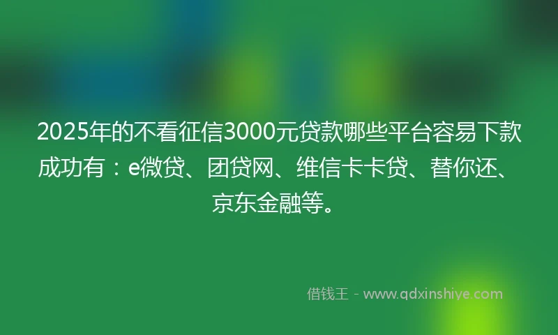 2025年的不看征信3000元贷款哪些平台容易下款成功有：e微贷、团贷网、维信卡卡贷、替你还、京东金融等。