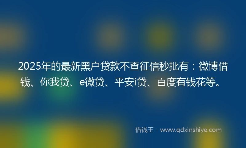 2025年的最新黑户贷款不查征信秒批有：微博借钱、你我贷、e微贷、平安i贷、百度有钱花等。