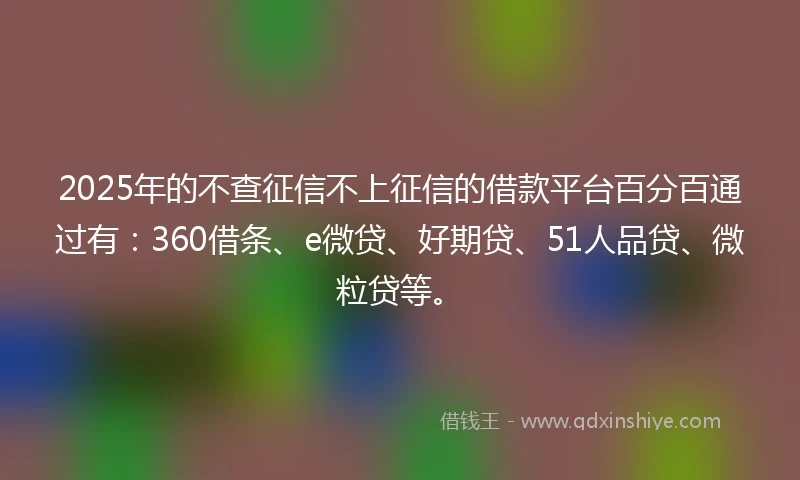 2025年的不查征信不上征信的借款平台百分百通过有:360借条、e微贷、好期贷、51人品贷、微粒贷等。