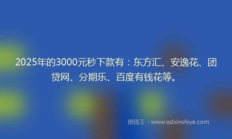 2025年的3000元秒下款有：东方汇、安逸花、团贷网、分期乐、百度有钱花等。