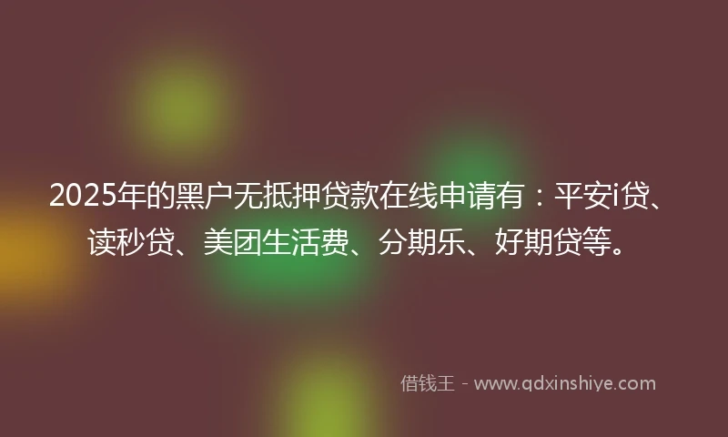 2025年的黑户无抵押贷款在线申请有：平安i贷、读秒贷、美团生活费、分期乐、好期贷等。