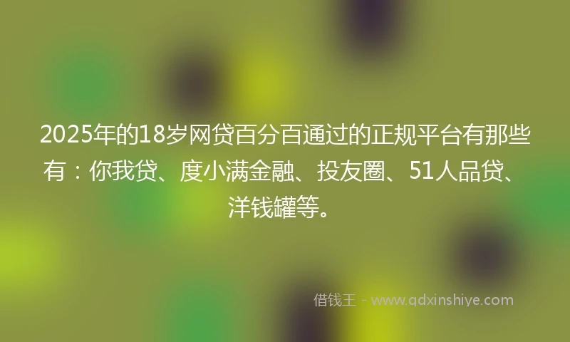 2025年的18岁网贷百分百通过的正规平台有那些有:你我贷、度小满金融、投友圈、51人品贷、洋钱罐等。