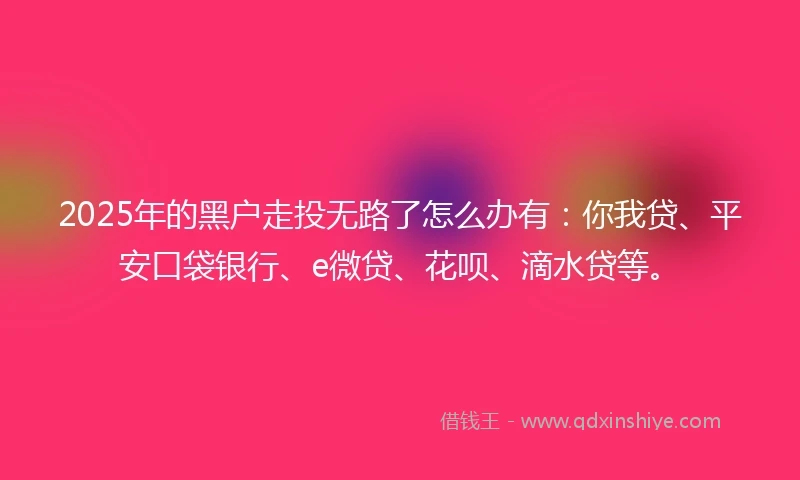 2025年的黑户走投无路了怎么办有:你我贷、平安口袋银行、e微贷、花呗、滴水贷等。