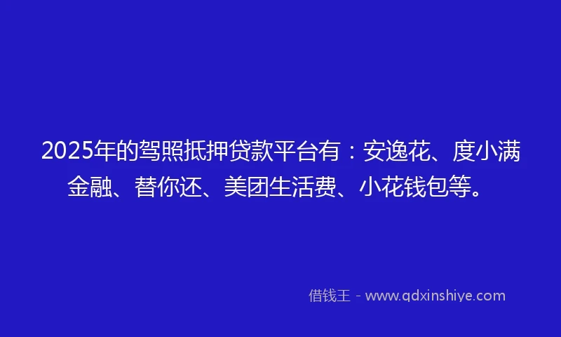 2025年的驾照抵押贷款平台有：安逸花、度小满金融、替你还、美团生活费、小花钱包等。