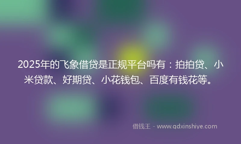 2025年的飞象借贷是正规平台吗有：拍拍贷、小米贷款、好期贷、小花钱包、百度有钱花等。