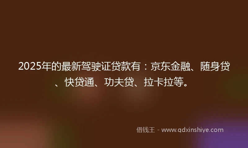 2025年的最新驾驶证贷款有：京东金融、随身贷、快贷通、功夫贷、拉卡拉等。