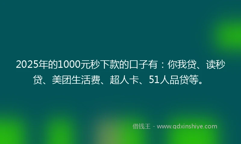 2025年的1000元秒下款的口子有:你我贷、读秒贷、美团生活费、超人卡、51人品贷等。