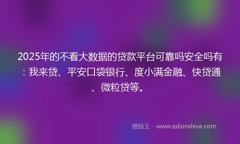 2025年的不看大数据的贷款平台可靠吗安全吗有：我来贷、平安口袋银行、度小满金融、快贷通、微粒贷等。