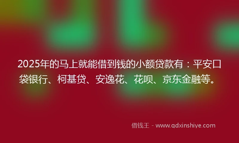 2025年的马上就能借到钱的小额贷款有：平安口袋银行、柯基贷、安逸花、花呗、京东金融等。