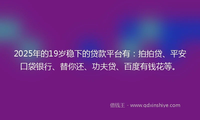 2025年的19岁稳下的贷款平台有：拍拍贷、平安口袋银行、替你还、功夫贷、百度有钱花等。