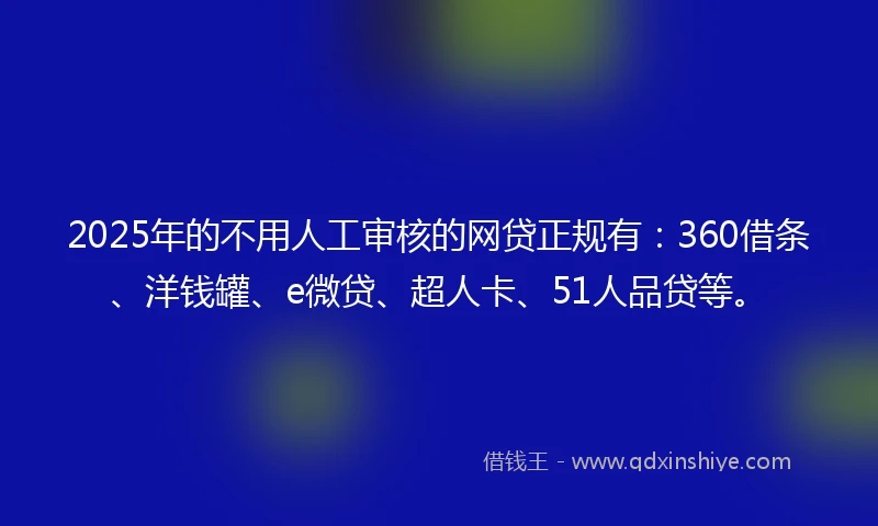 2025年的不用人工审核的网贷正规有：360借条、洋钱罐、e微贷、超人卡、51人品贷等。
