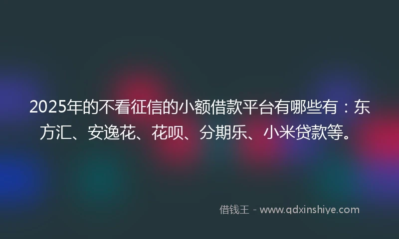2025年的不看征信的小额借款平台有哪些有：东方汇、安逸花、花呗、分期乐、小米贷款等。