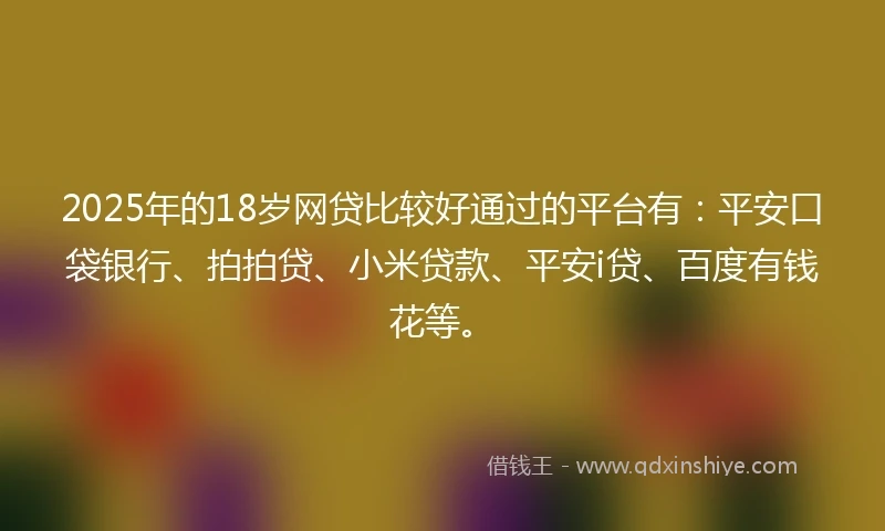 2025年的18岁网贷比较好通过的平台有：平安口袋银行、拍拍贷、小米贷款、平安i贷、百度有钱花等。
