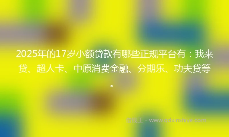 2025年的17岁小额贷款有哪些正规平台有：我来贷、超人卡、中原消费金融、分期乐、功夫贷等。