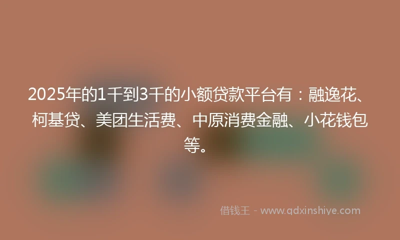 2025年的1千到3千的小额贷款平台有：融逸花、柯基贷、美团生活费、中原消费金融、小花钱包等。