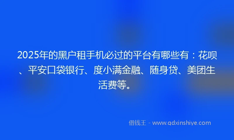 2025年的黑户租手机必过的平台有哪些有：花呗、平安口袋银行、度小满金融、随身贷、美团生活费等。