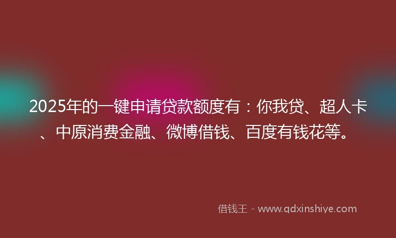 2025年的一键申请贷款额度有:你我贷、超人卡、中原消费金融、微博借钱、百度有钱花等。