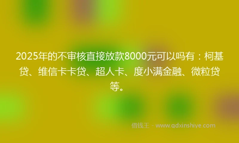 2025年的不审核直接放款8000元可以吗有：柯基贷、维信卡卡贷、超人卡、度小满金融、微粒贷等。
