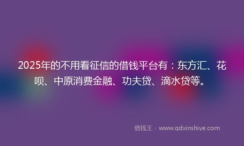 2025年的不用看征信的借钱平台有：东方汇、花呗、中原消费金融、功夫贷、滴水贷等。