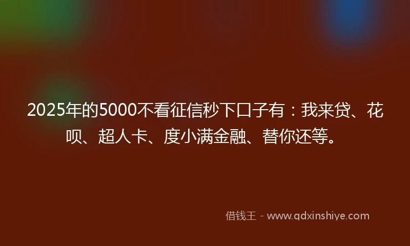 2025年的5000不看征信秒下口子有：我来贷、花呗、超人卡、度小满金融、替你还等。
