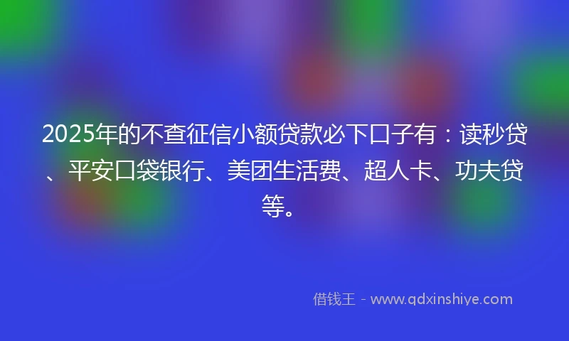 2025年的不查征信小额贷款必下口子有：读秒贷、平安口袋银行、美团生活费、超人卡、功夫贷等。