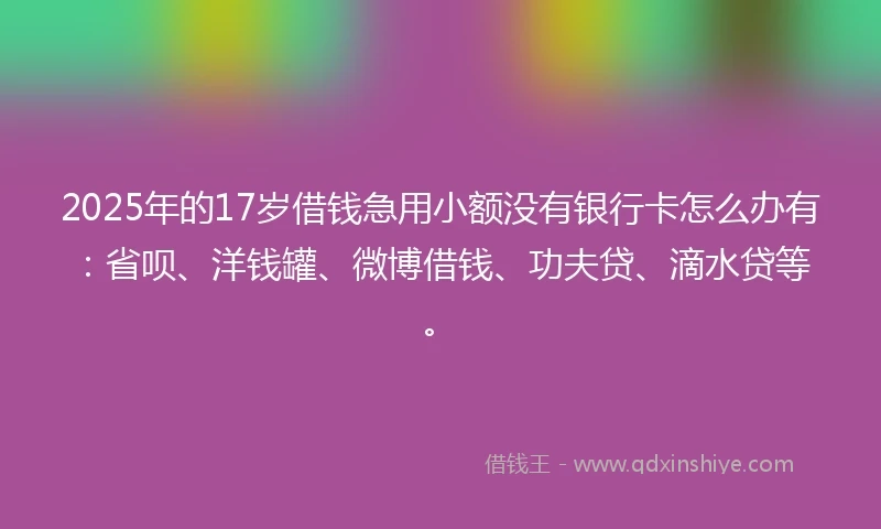 2025年的17岁借钱急用小额没有银行卡怎么办有：省呗、洋钱罐、微博借钱、功夫贷、滴水贷等。