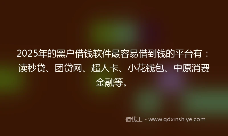 2025年的黑户借钱软件最容易借到钱的平台有：读秒贷、团贷网、超人卡、小花钱包、中原消费金融等。
