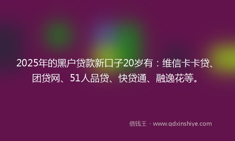 2025年的黑户贷款新口子20岁有：维信卡卡贷、团贷网、51人品贷、快贷通、融逸花等。
