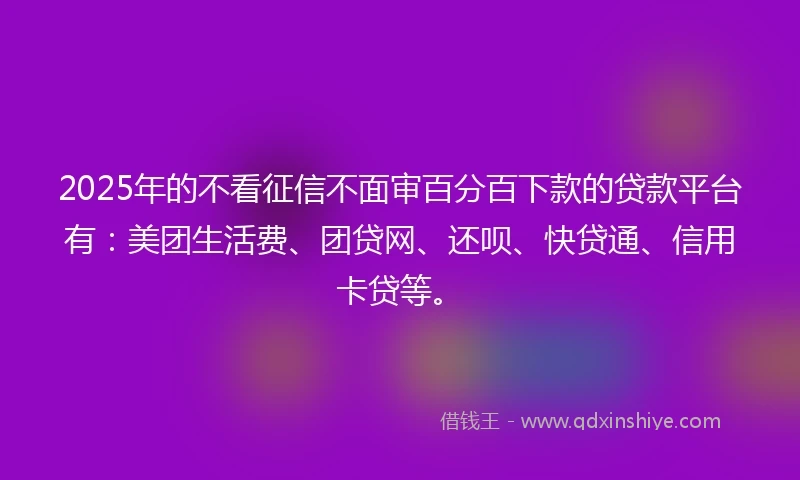 2025年的不看征信不面审百分百下款的贷款平台有：美团生活费、团贷网、还呗、快贷通、信用卡贷等。