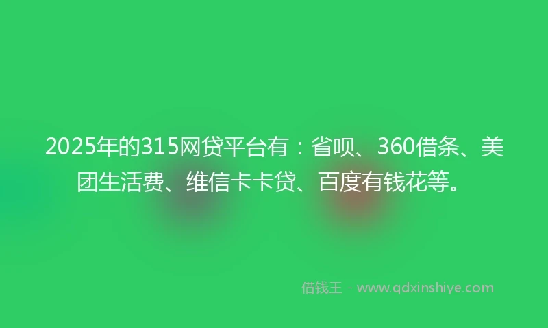 2025年的315网贷平台有:省呗、360借条、美团生活费、维信卡卡贷、百度有钱花等。