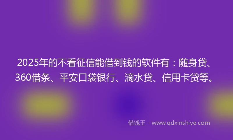 2025年的不看征信能借到钱的软件有：随身贷、360借条、平安口袋银行、滴水贷、信用卡贷等。
