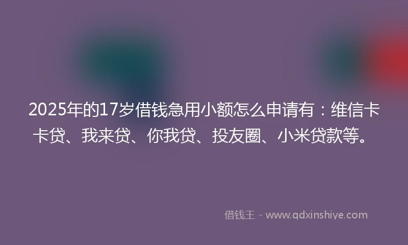 2025年的17岁借钱急用小额怎么申请有：维信卡卡贷、我来贷、你我贷、投友圈、小米贷款等。