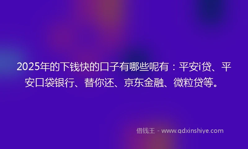 2025年的下钱快的口子有哪些呢有:平安i贷、平安口袋银行、替你还、京东金融、微粒贷等。