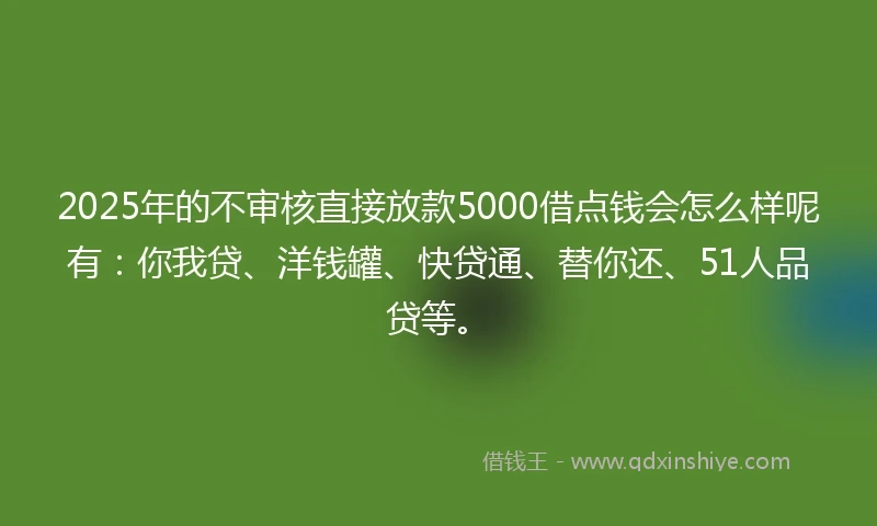2025年的不审核直接放款5000借点钱会怎么样呢有:你我贷、洋钱罐、快贷通、替你还、51人品贷等。