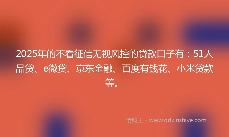 2025年的不看征信无视风控的贷款口子有：51人品贷、e微贷、京东金融、百度有钱花、小米贷款等。