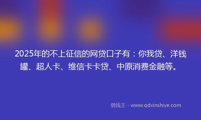 2025年的不上征信的网贷口子有：你我贷、洋钱罐、超人卡、维信卡卡贷、中原消费金融等。