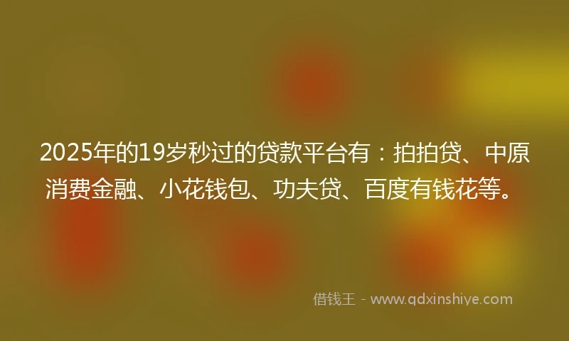 2025年的19岁秒过的贷款平台有:拍拍贷、中原消费金融、小花钱包、功夫贷、百度有钱花等。