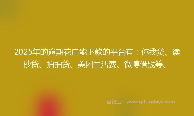 2025年的逾期花户能下款的平台有:你我贷、读秒贷、拍拍贷、美团生活费、微博借钱等。