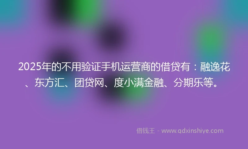 2025年的不用验证手机运营商的借贷有：融逸花、东方汇、团贷网、度小满金融、分期乐等。