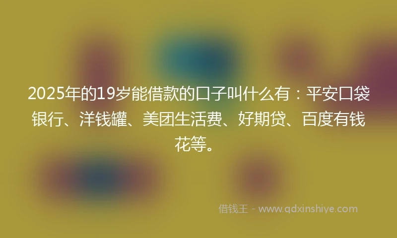 2025年的19岁能借款的口子叫什么有:平安口袋银行、洋钱罐、美团生活费、好期贷、百度有钱花等。