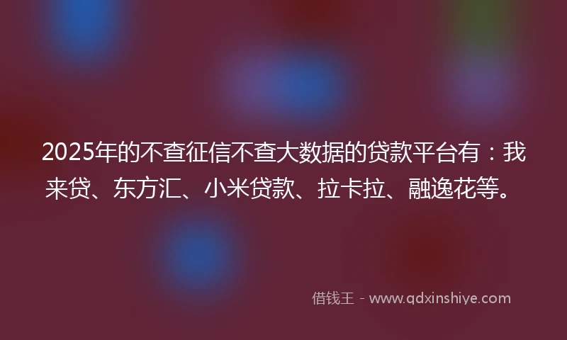 2025年的不查征信不查大数据的贷款平台有：我来贷、东方汇、小米贷款、拉卡拉、融逸花等。
